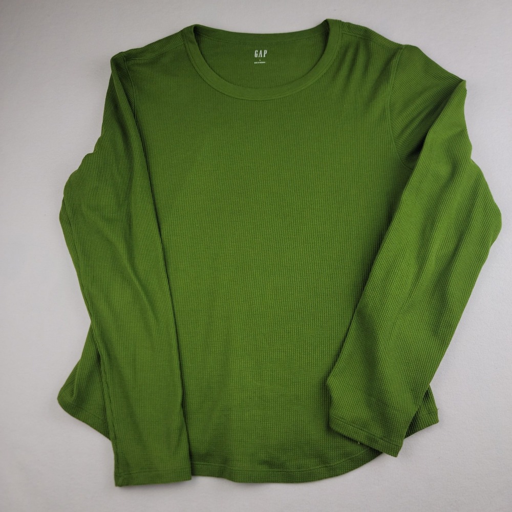 GAP Womens Long Sleeve Waffle Knit Thermal Top Green Size L Crew Neck 1403